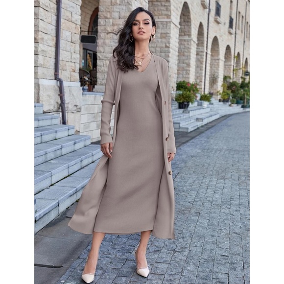 2 Piece Set: Knit Midi Pencil Dress and Long Cardigan Button Through - Picture 2 of 13